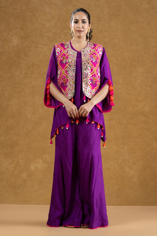 Purple Patola Print Mirror Work Jacket Set with Dola Silk Mukaish Kurta & Flared Pants