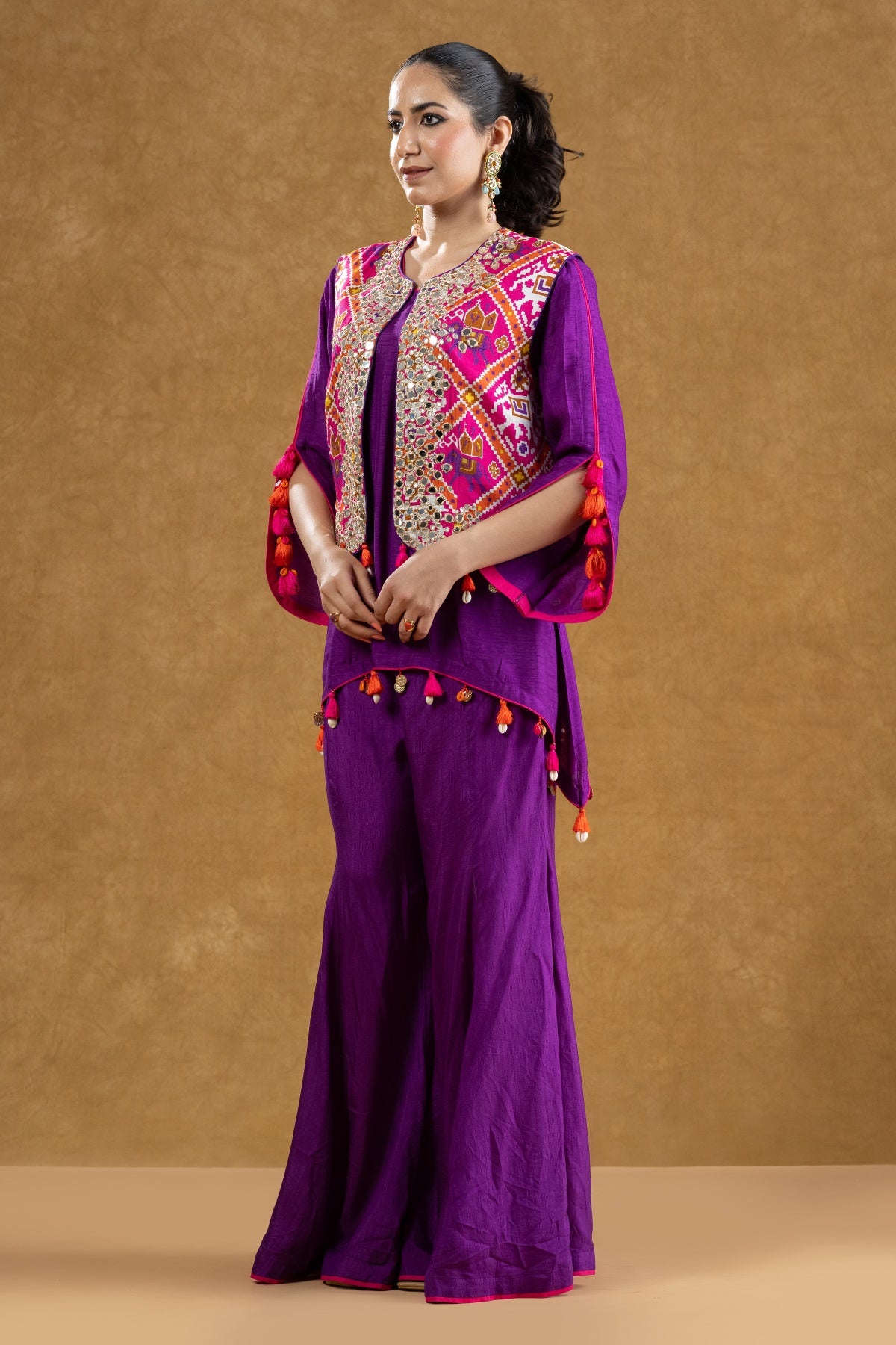Purple Patola Print Mirror Work Jacket Set with Dola Silk Mukaish Kurta & Flared Pants