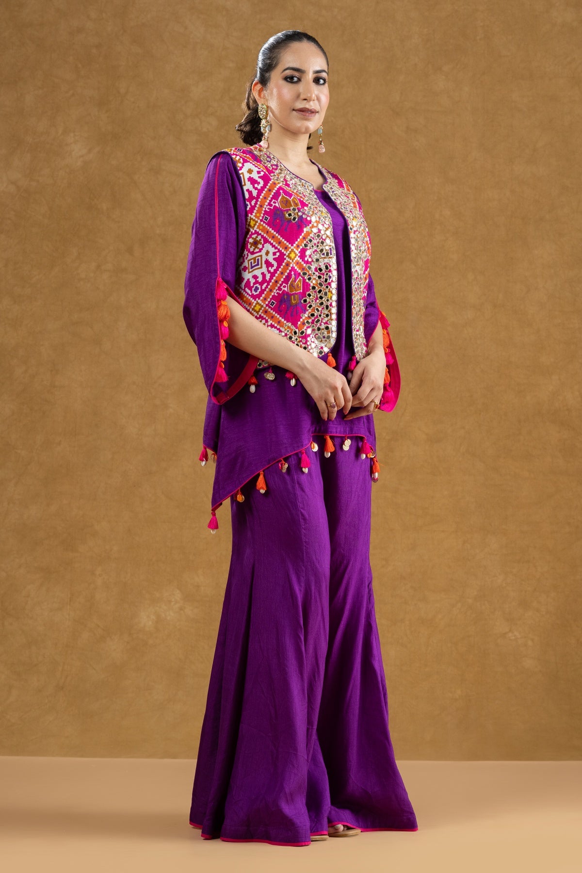 Purple Patola Print Mirror Work Jacket Set with Dola Silk Mukaish Kurta & Flared Pants