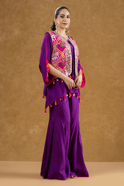 Purple Patola Print Mirror Work Jacket Set with Dola Silk Mukaish Kurta & Flared Pants