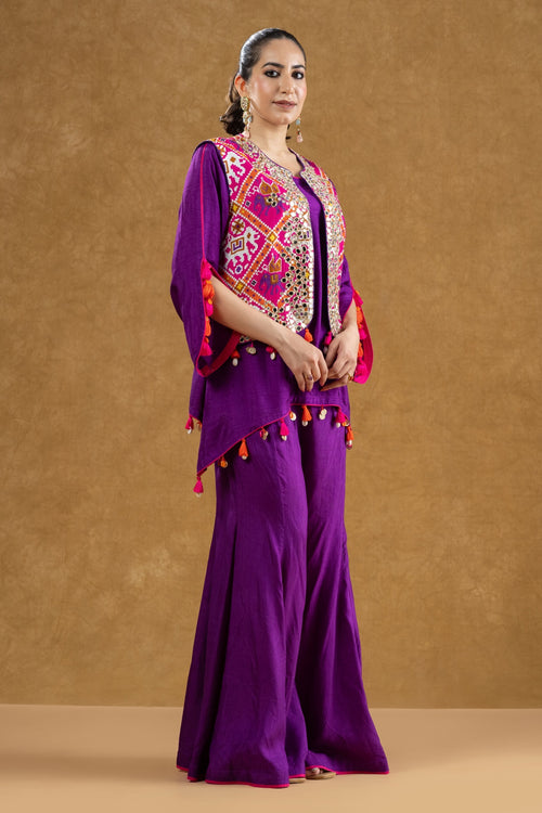 Purple Patola Print Mirror Work Jacket Set with Dola Silk Mukaish Kurta & Flared Pants