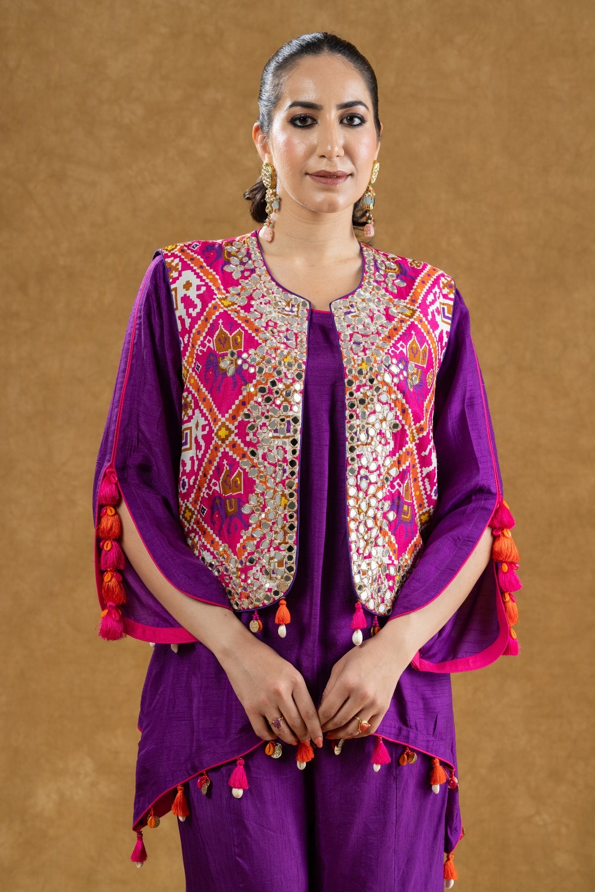 Purple Patola Print Mirror Work Jacket Set with Dola Silk Mukaish Kurta & Flared Pants