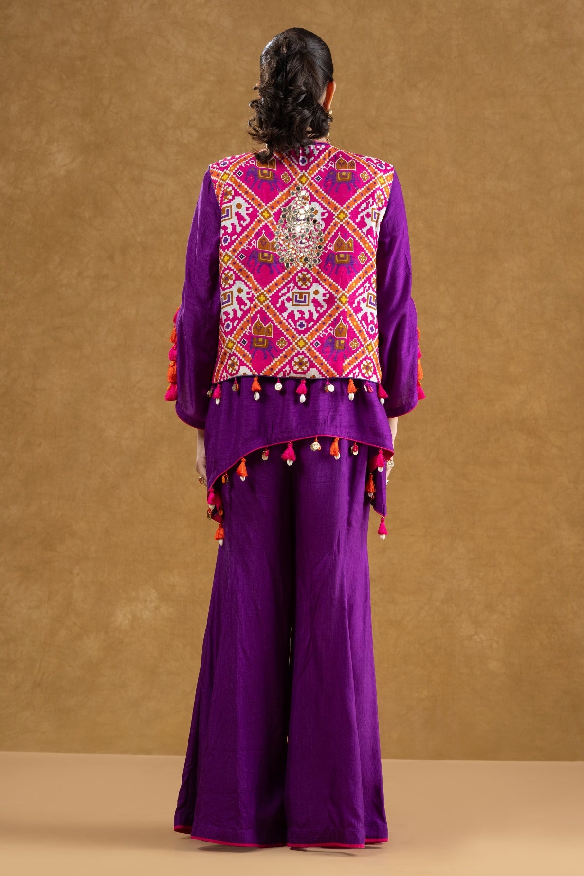 Purple Patola Print Mirror Work Jacket Set with Dola Silk Mukaish Kurta & Flared Pants