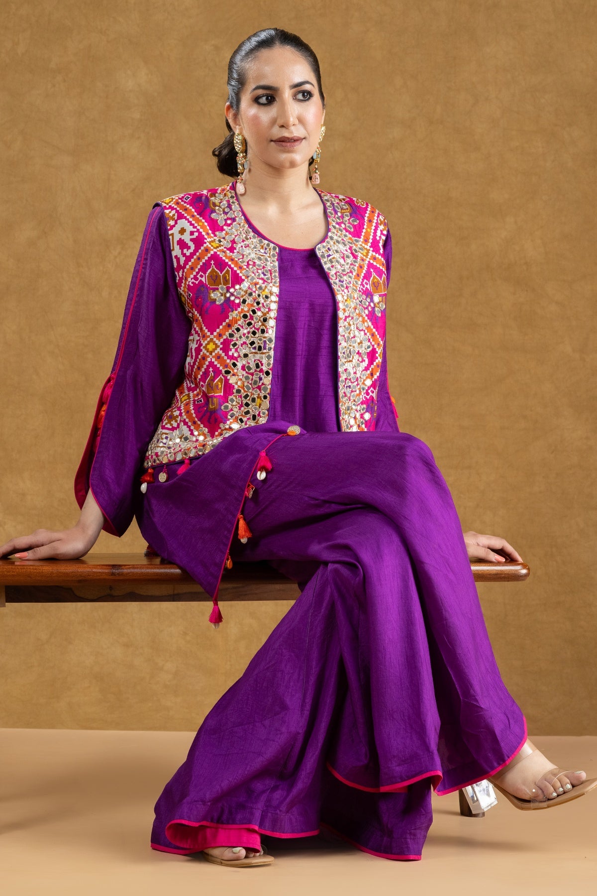 Purple Patola Print Mirror Work Jacket Set with Dola Silk Mukaish Kurta & Flared Pants