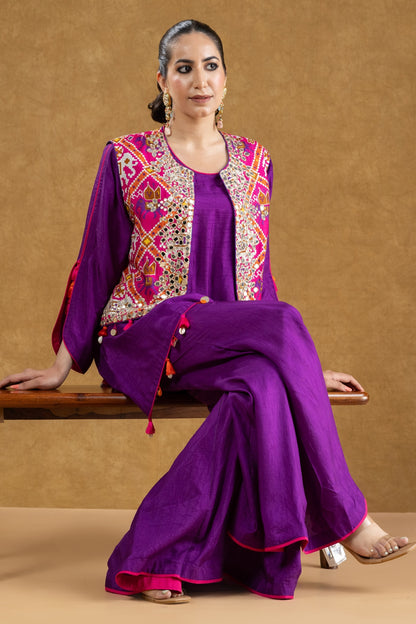 Purple Patola Print Mirror Work Jacket Set with Dola Silk Mukaish Kurta & Flared Pants