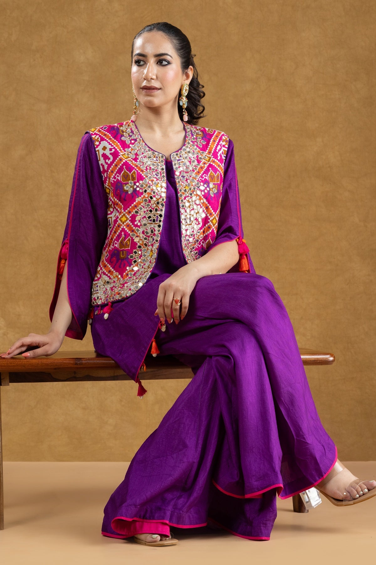 Purple Patola Print Mirror Work Jacket Set with Dola Silk Mukaish Kurta & Flared Pants