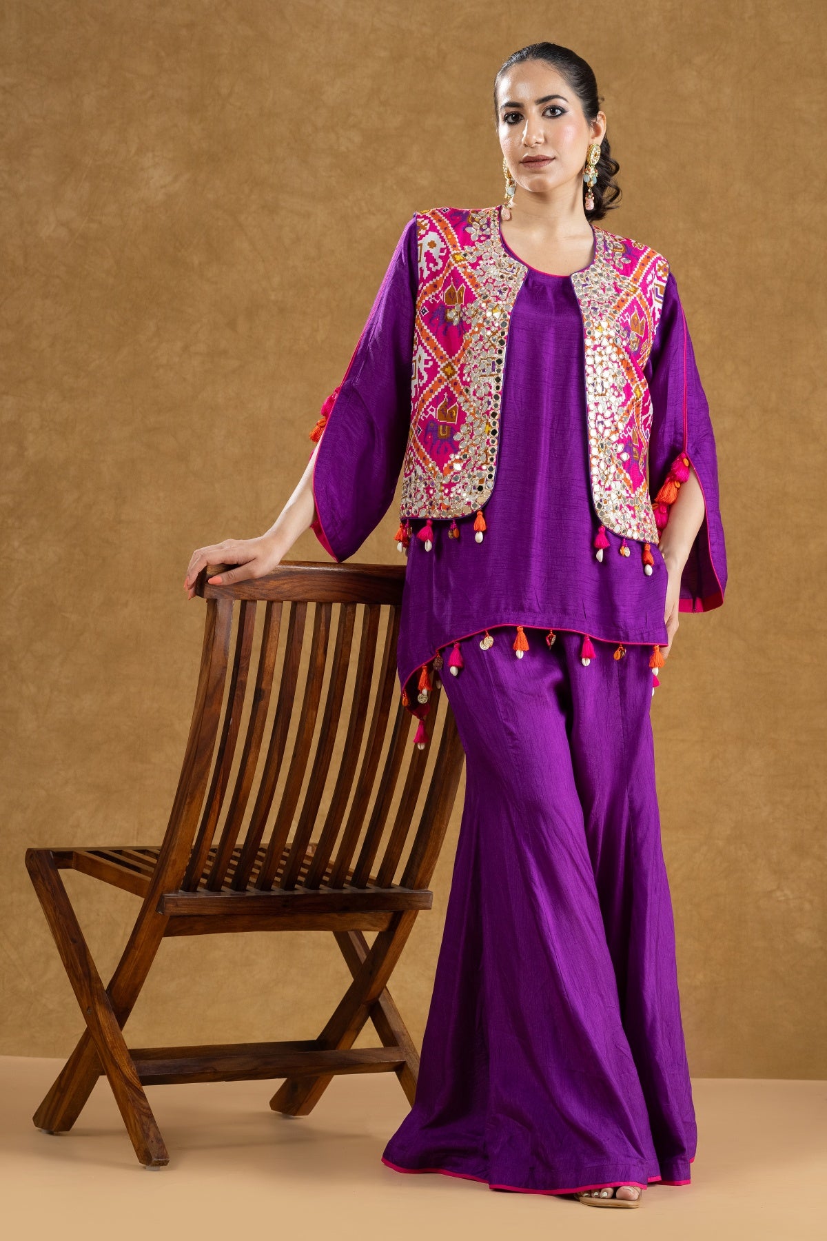 Purple Patola Print Mirror Work Jacket Set with Dola Silk Mukaish Kurta & Flared Pants