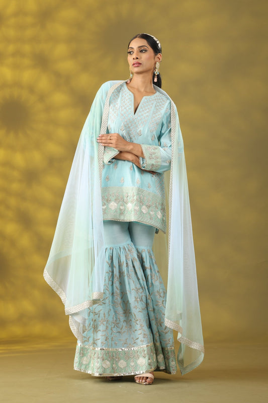 Aqua Blue Gharara Set with Dupatta - Sonia Ahuja