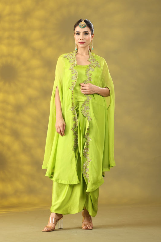 Avocado Green Cape with Drape Skirt - Sonia Ahuja