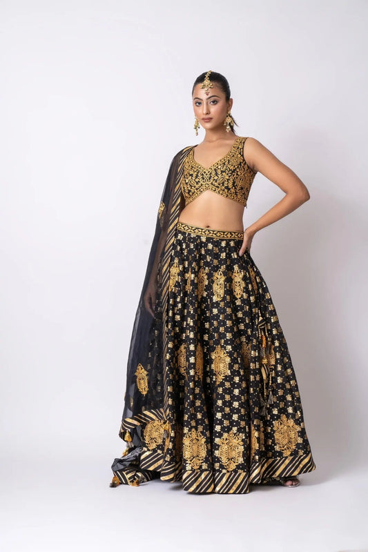 Black Pure Banarasi Khaddi Gota Embroidered Lehenga Set - Sonia Ahuja