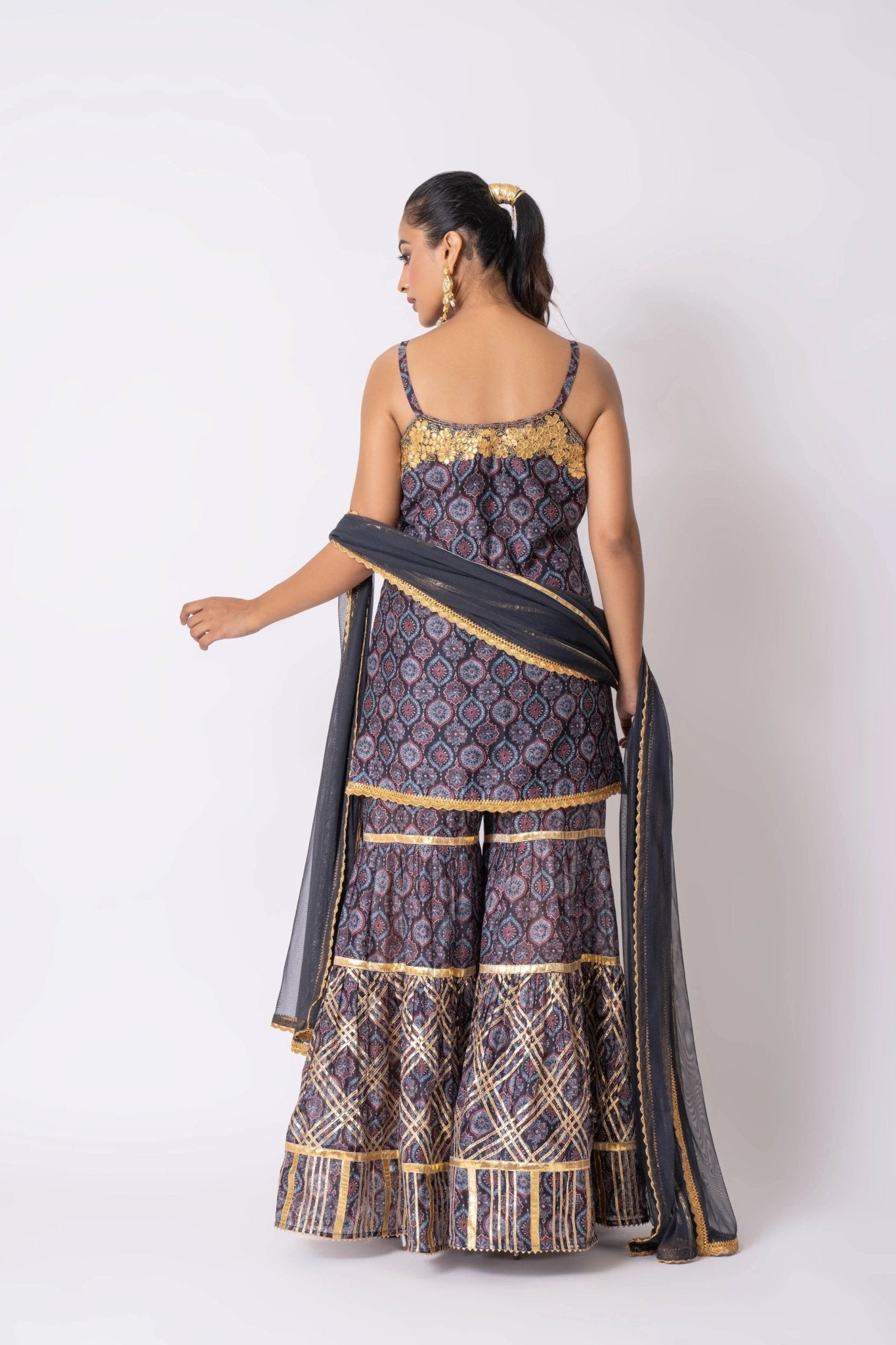 Blue Chanderi Ajrakh Printed Gharara Set - Sonia Ahuja