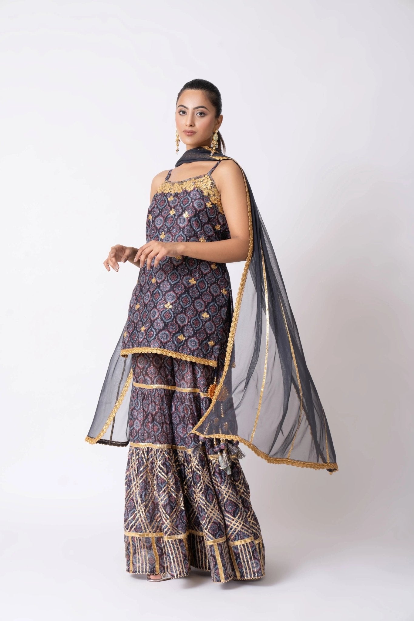 Blue Chanderi Ajrakh Printed Gharara Set - Sonia Ahuja