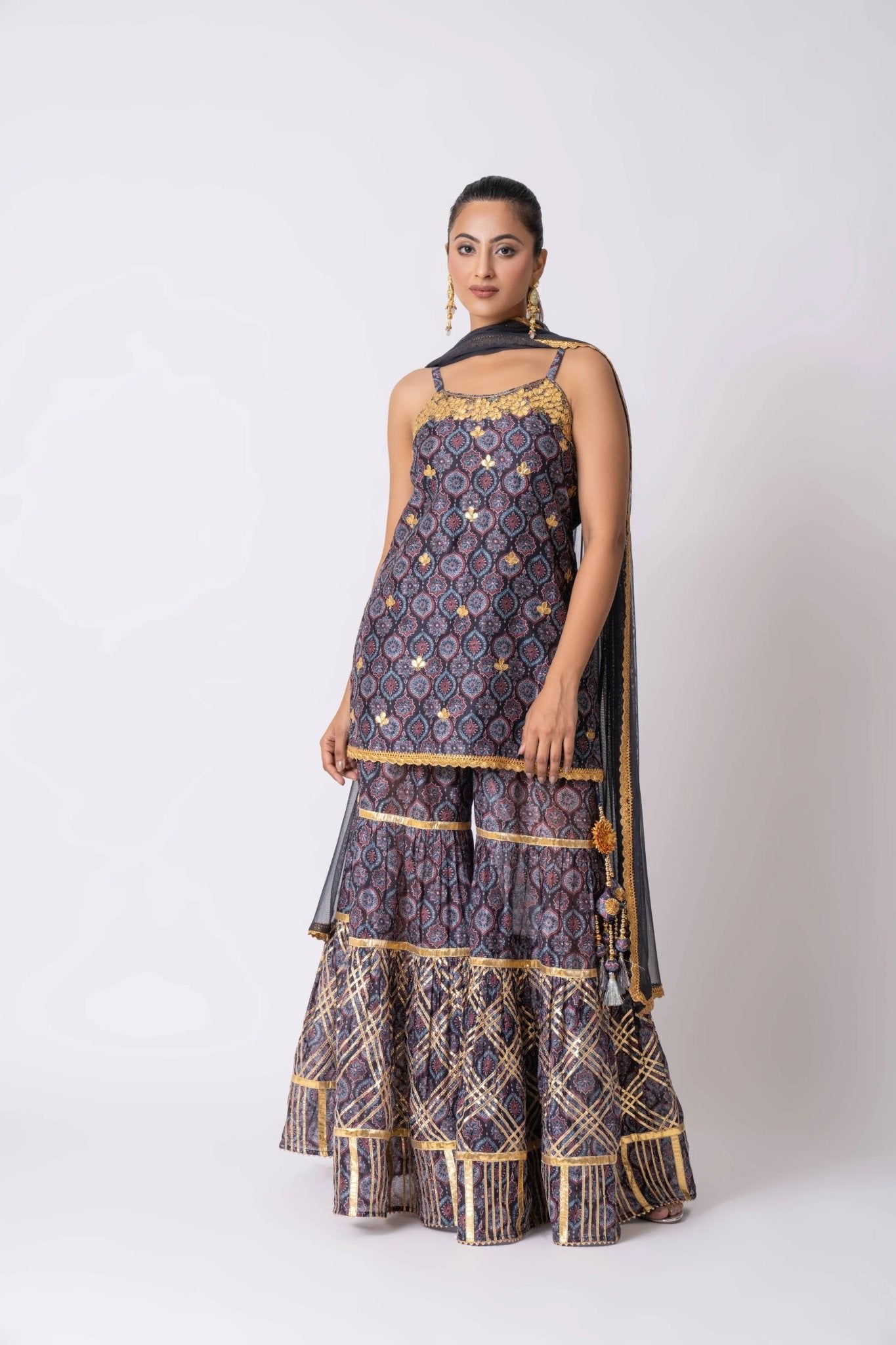 Blue Chanderi Ajrakh Printed Gharara Set - Sonia Ahuja