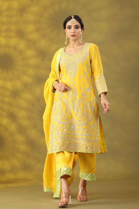 Bright Yellow Kurta Set with Dupatta - Sonia Ahuja