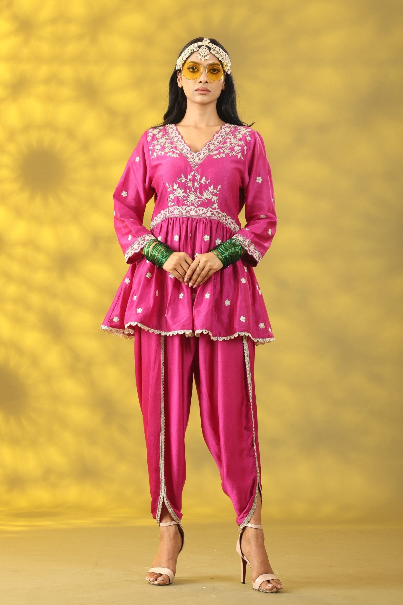 Cerise Pink Short Anarkali with Dhoti Pant and Dupatta - Sonia Ahuja