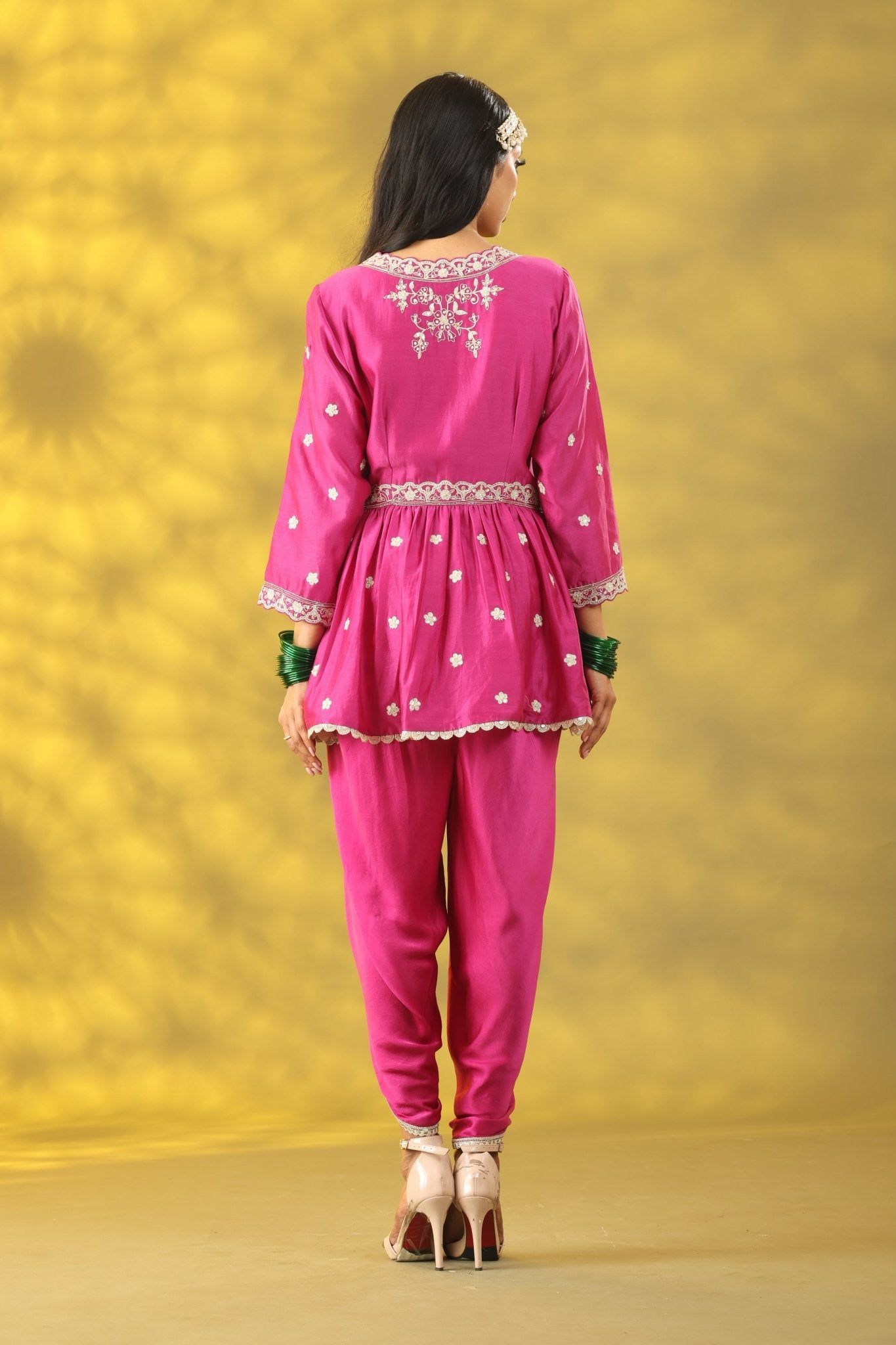 Cerise Pink Short Anarkali with Dhoti Pant and Dupatta - Sonia Ahuja