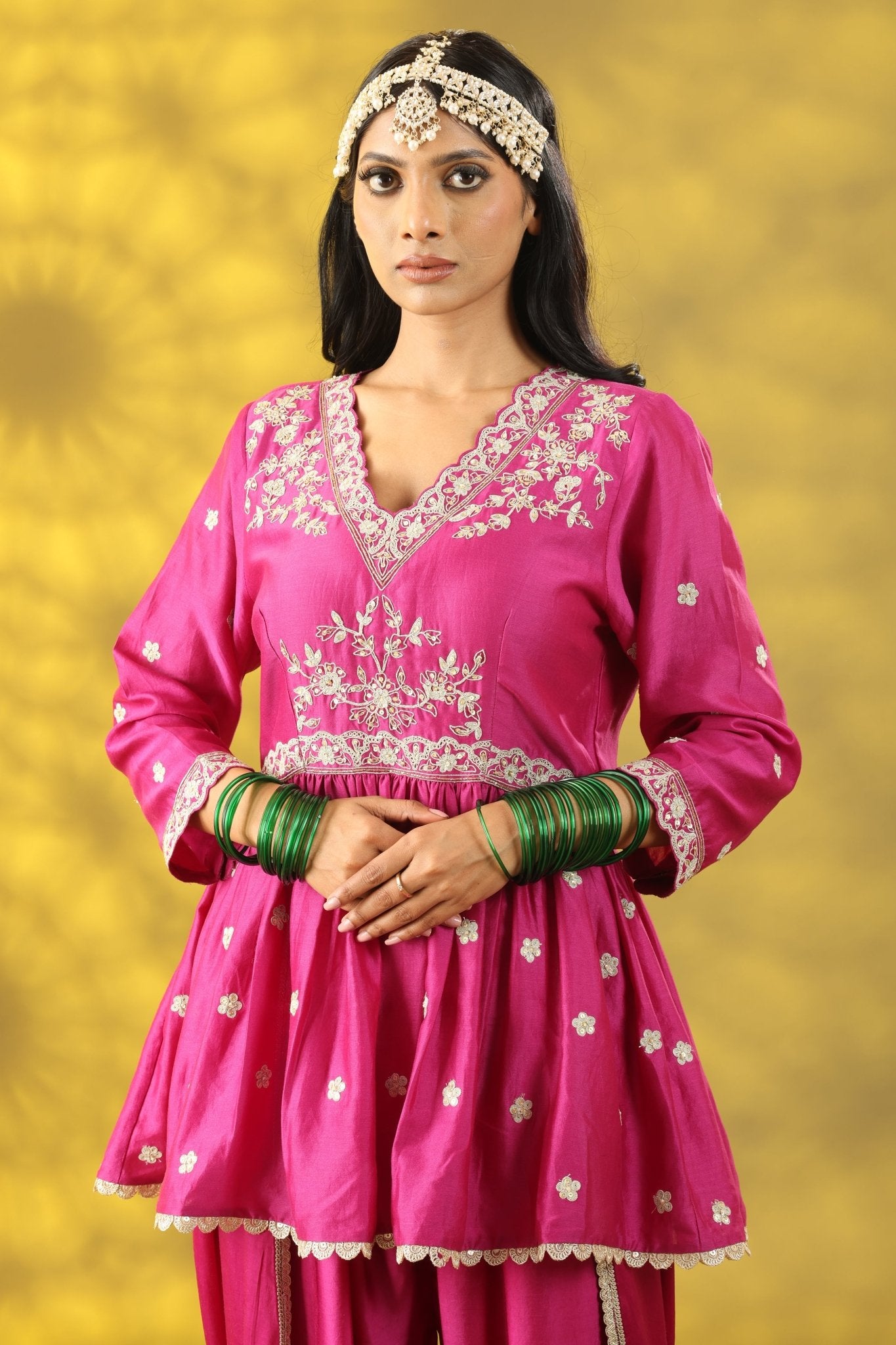 Cerise Pink Short Anarkali with Dhoti Pant and Dupatta - Sonia Ahuja