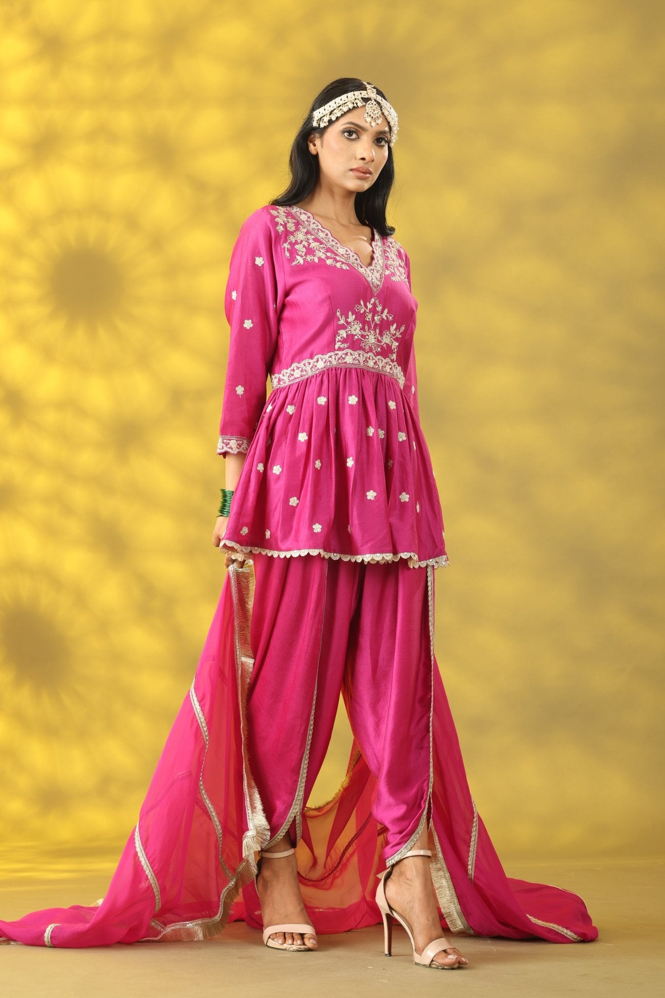 Cerise Pink Short Anarkali with Dhoti Pant and Dupatta - Sonia Ahuja