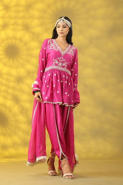 Cerise Pink Short Anarkali with Dhoti Pant and Dupatta - Sonia Ahuja