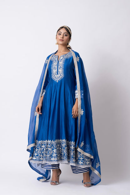 Cobalt Blue Nakshi Embellished Anarkali Kurta With Palazzo And Dupatta (Set of 3) - Sonia Ahuja