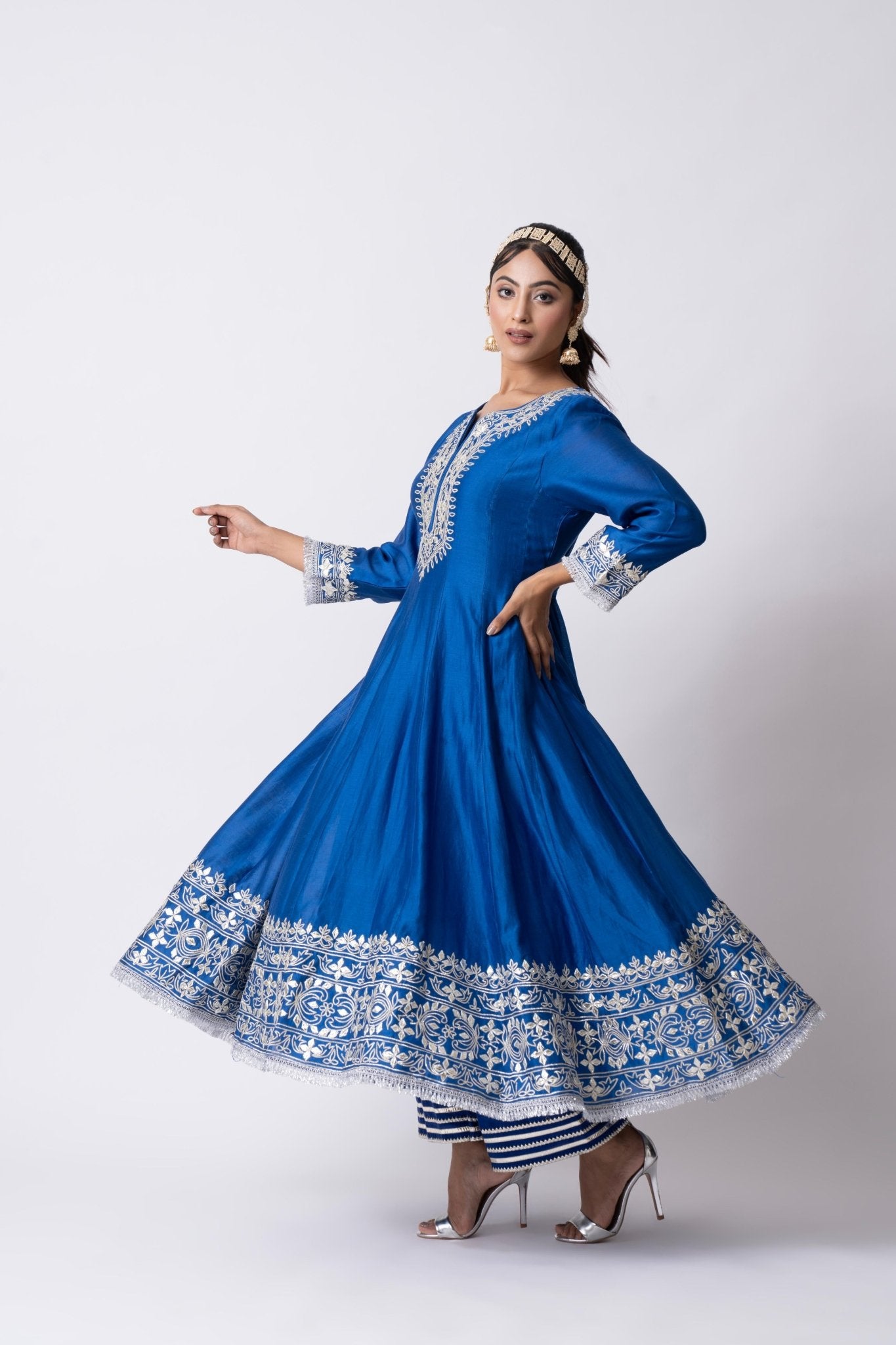 Cobalt Blue Nakshi Embellished Anarkali Kurta With Palazzo And Dupatta (Set of 3) - Sonia Ahuja