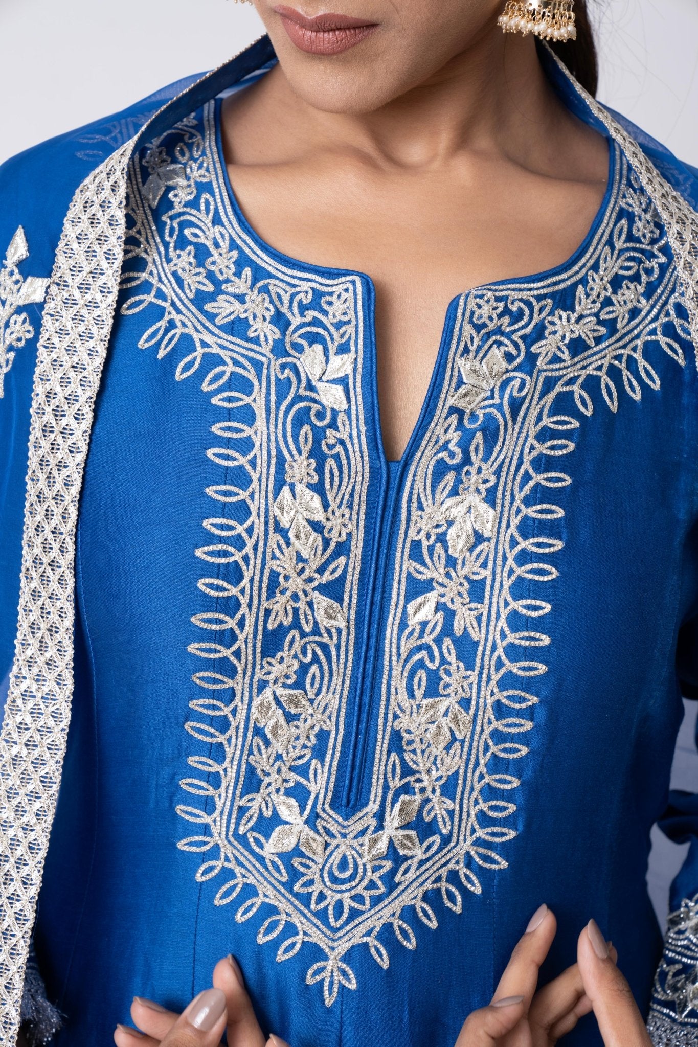 Cobalt Blue Nakshi Embellished Anarkali Kurta With Palazzo And Dupatta (Set of 3) - Sonia Ahuja