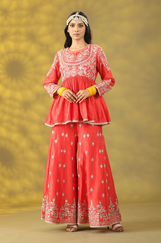 Coral Red Short Anarkali with Sharara Set - Sonia Ahuja