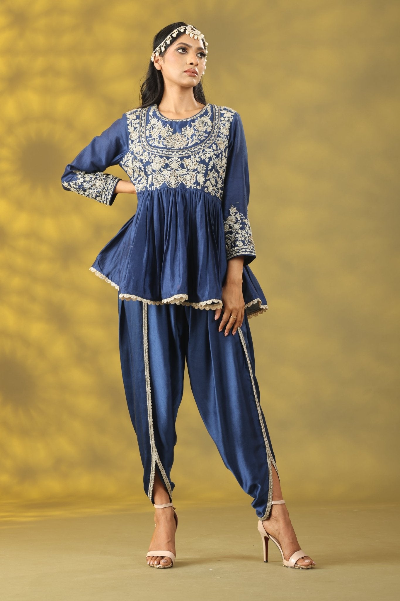 Dark Blue Short Anarkali with Dhoti Pant Set - Sonia Ahuja