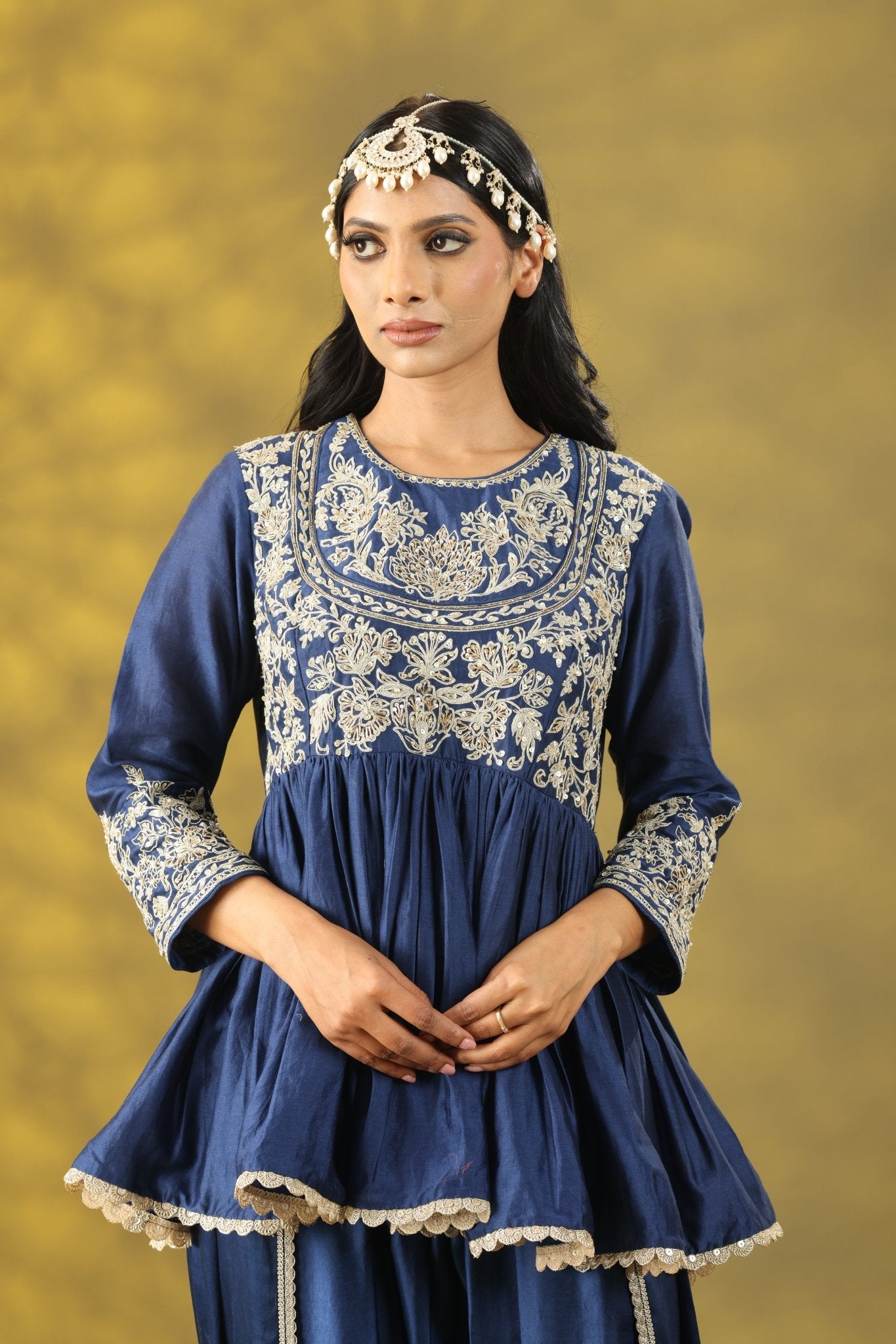 Dark Blue Short Anarkali with Dhoti Pant Set - Sonia Ahuja