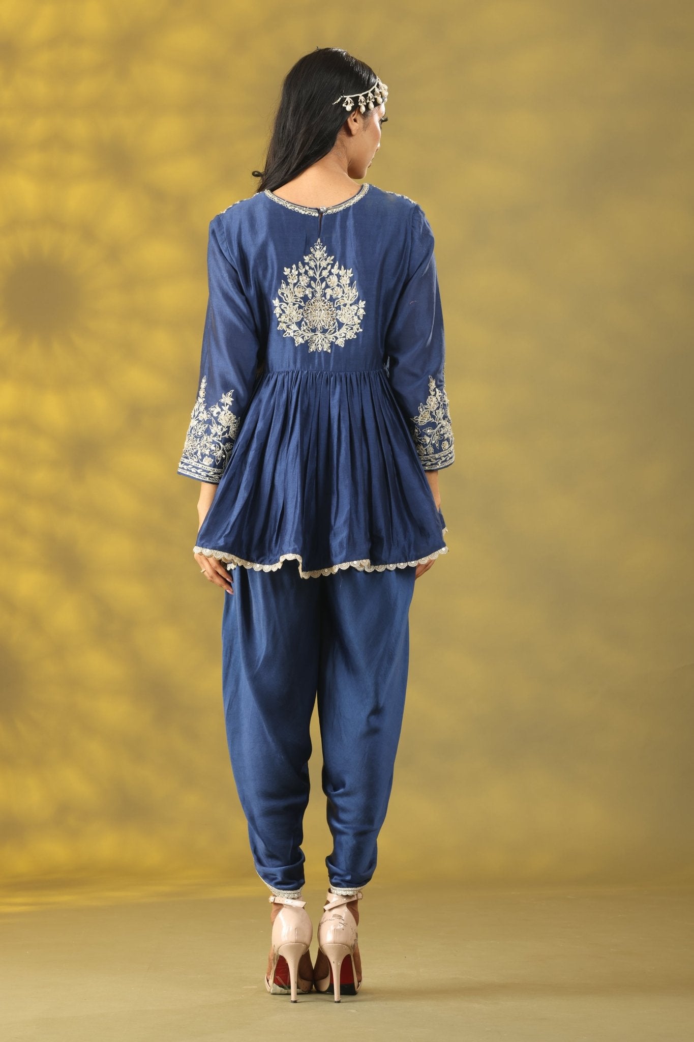 Dark Blue Short Anarkali with Dhoti Pant Set - Sonia Ahuja