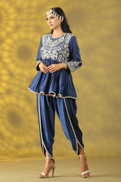 Dark Blue Short Anarkali with Dhoti Pant Set - Sonia Ahuja