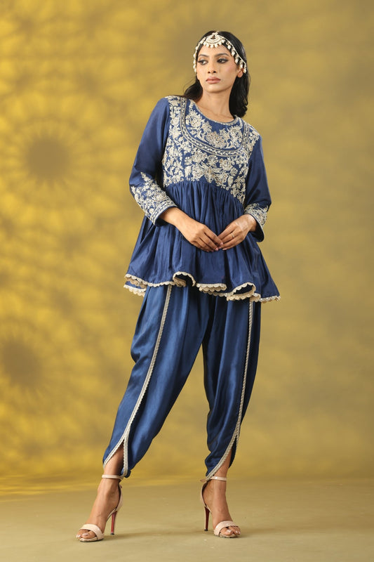 Dark Blue Short Anarkali with Dhoti Pant Set - Sonia Ahuja