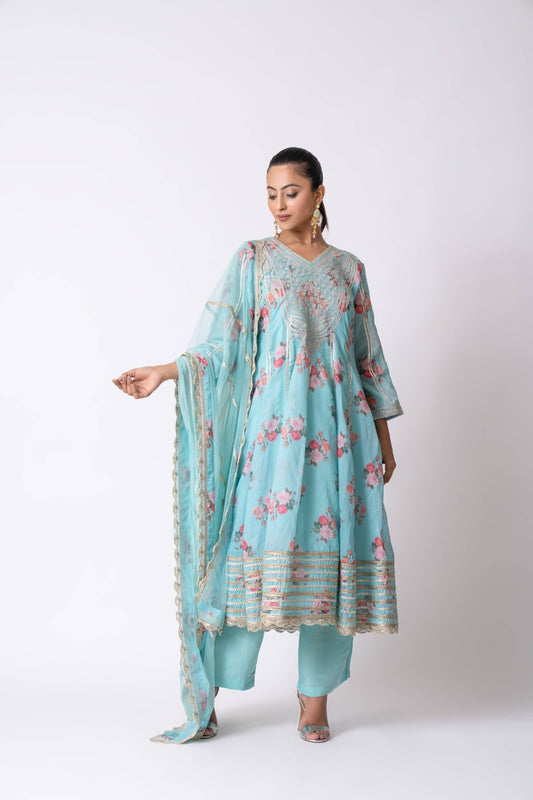 Firozi Blue Silk Chanderi Hand Block Printed Anarkali Set - Sonia Ahuja