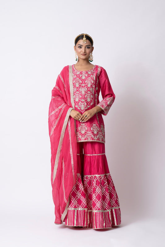 Hot Pink Nakshi Gota Embellished Kurta With Gota Pati Gharara and Dupatta (Set of 3) - Sonia Ahuja